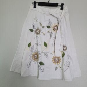 Sherry Taylor Womens A-Line Skirt S White Linen Embroidered Tie Waist Side Zip
